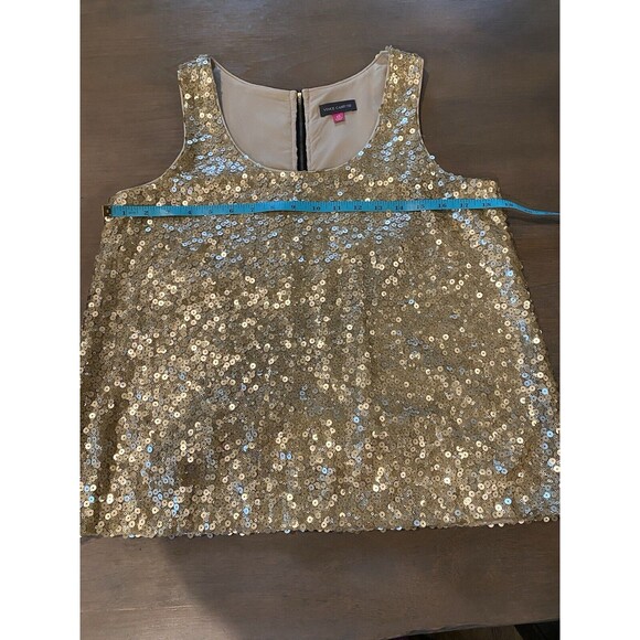 Vince Camuto Tank Top Gold Sequined Size XS Back Zip Polished Rocker Loose Fit - Picture 7 of 13